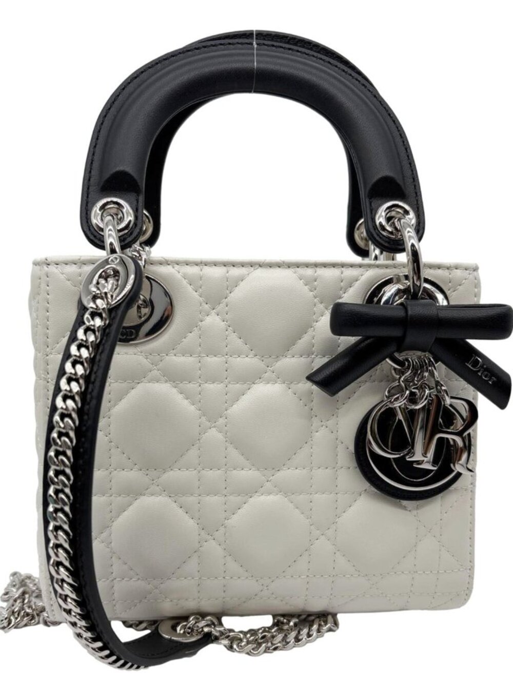 Christian Dior Mini Lady Dior Cannage Lambskin Leather Chain Crossbody Bag White